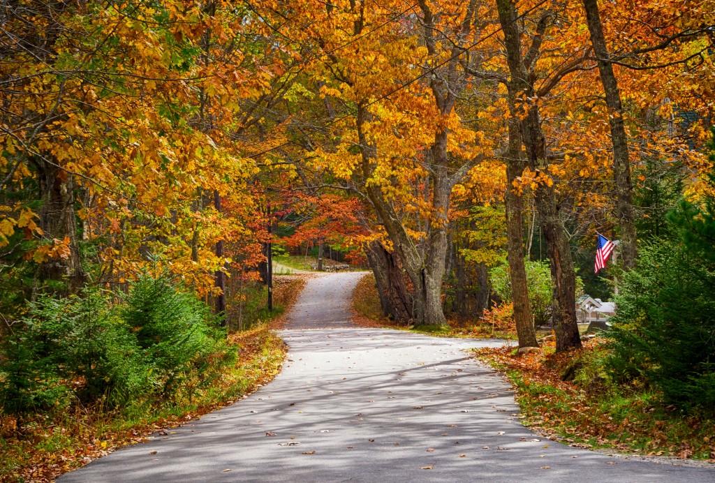 Winding country road in autumn with American flag on road side